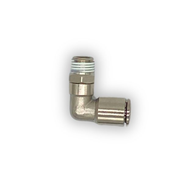CONECTOR CODO METALICO MACHO, ROSCA 1/4 A MANGUERA DE 10MM.